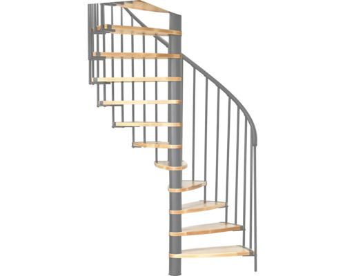 Wendeltreppe mit Holzstufen und Metallgeländer