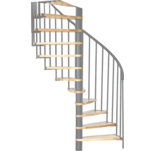 Spindeltreppe mit Holzstufen und Metallgeländer