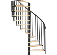 Wendeltreppe mit Holzstufen und Metallgeländer