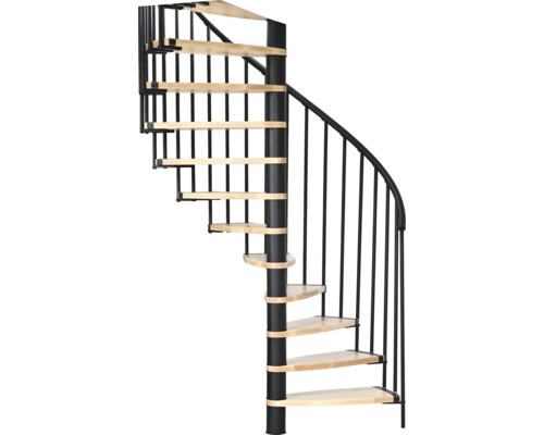 Spindeltreppe mit Metallgeländer und Holzstufen