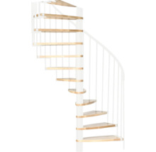 Wendeltreppe mit Holzstufen und weißem Geländer
