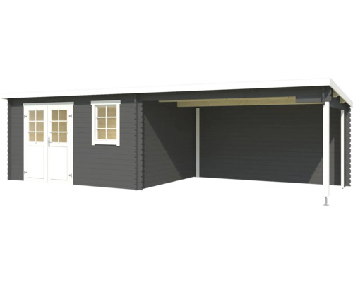 Abri de jardin en bois avec porte double, fenêtre et annexe