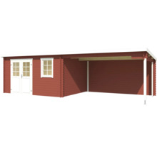 Abri de jardin en bois avec double porte, fenêtre et abri de voiture