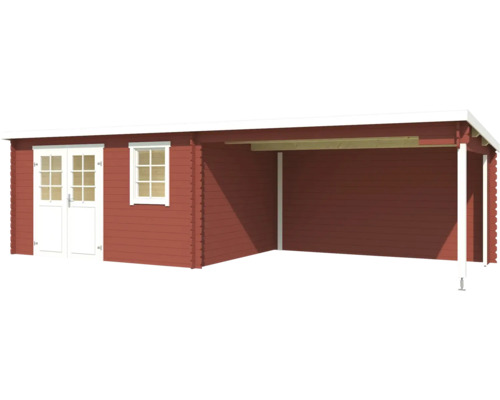 Abri de jardin en bois avec double porte, fenêtre et abri de voiture