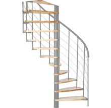 Spindeltreppe mit Holzstufen und Metallgeländer