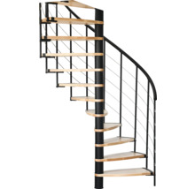 Spindeltreppe mit Holzstufen und Metallgeländer