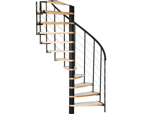 Wendeltreppe mit Holzstufen und Metallgeländer