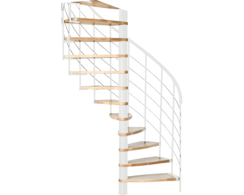 Escalier en colimaçon avec marches en bois et rampe blanche
