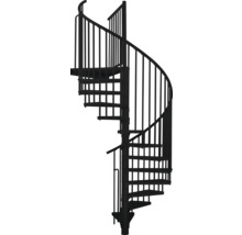 Schwarze Wendeltreppe mit Geländer.