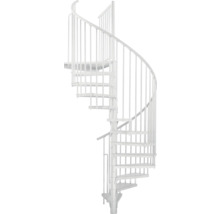 Weisse Wendeltreppe aus Metall mit Geländer