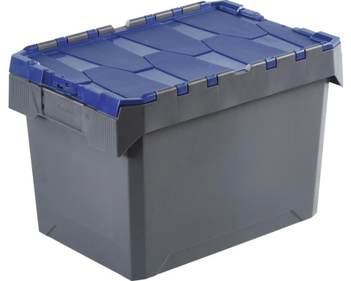 Boîte de rangement grise en plastique avec couvercle bleu