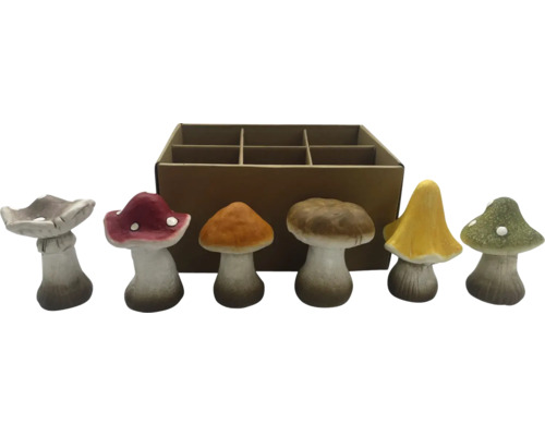 Figurines décoratives de champignons de différentes formes et couleurs avec emballage en carton