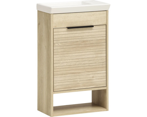 Lavabo d'invité avec meuble bas Möbelpartner Mads lxhxp 45.5 cm x 78 cm x 27.5 cm couleur de façade chêne Meuble sous-lavabo avec tiroir et compartiment ouvert