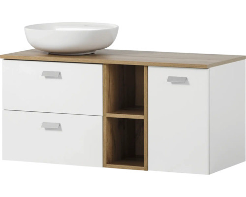 Waschbecken mit Unterschrank Möbelpartner Mona BxHxT 100 cm x 59.55 cm x 45 cm Frontfarbe weiss Waschtischunterschrank mit Aufsatzwaschbecken, Schubladen und Regalfächern