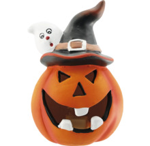 Halloween-Kürbis mit Hexenhut und Geist-Dekoration