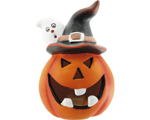 Halloween-Kürbis mit Hexenhut und Geist-Dekoration