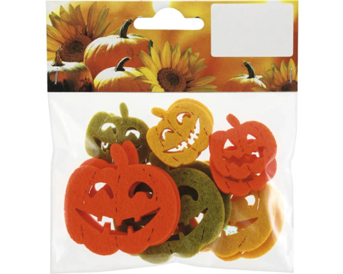 Filz-Kürbis-Ornamente mit Halloween-Motiven in Verpackung