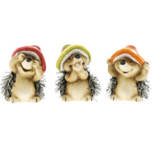 Drei dekorative Igel-Figuren mit Pilzhüten, die jeweils die Augen, den Mund und die Ohren bedecken