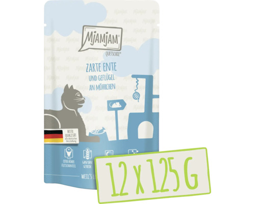 MjAMjAM canard et volaille aux carottes 125 g Mjamjam Aliment pour chat Quetschie Canard tendre et volaille aux carottes 12 fois 125 grammes
