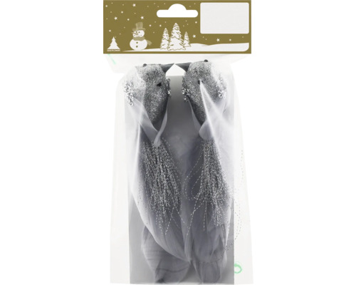 Verpackung mit zwei Deko-Vögeln mit Federn und Glitzerapplikationen