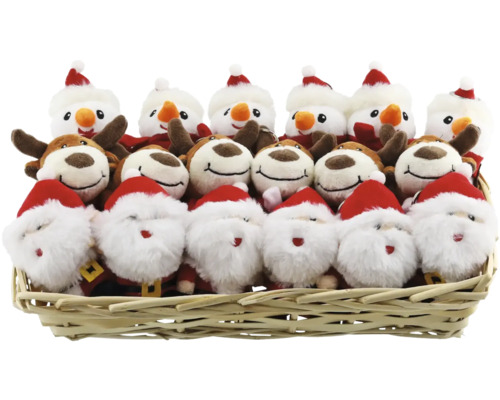 Panier avec des peluches bonhomme de neige, renne et Père Noël