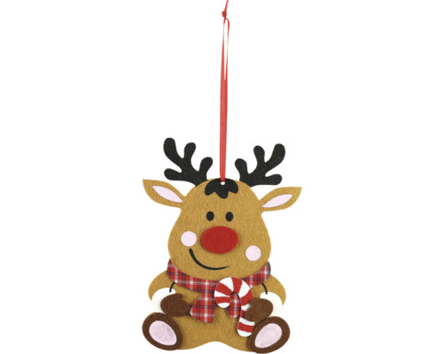 Dekorativer Elch zum Aufhängen mit Zuckerstange und Schal als Weihnachtsdekoration