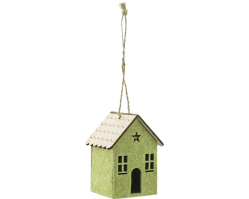 Dekoratives hängendes Haus aus Filz und Holz mit Sternausschnitt als Christbaumschmuck