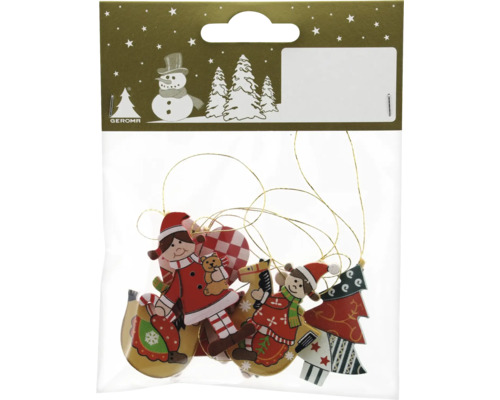 Verpackung mit verschiedenen Weihnachtsbaumschmuckanhängern aus Holz