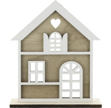 Dekorative Hausfigur aus Holz mit Fenstern und Herzdetail