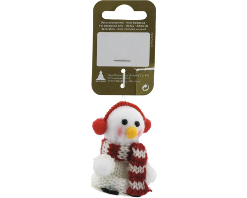 Schneemann-Weihnachtsbaumschmuck mit Strickschal auf Verkaufskarte