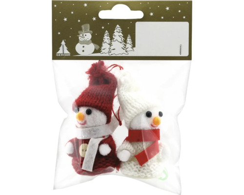 Zwei Schneemannfiguren als Weihnachtsbaumschmuck in einer Verpackung.
