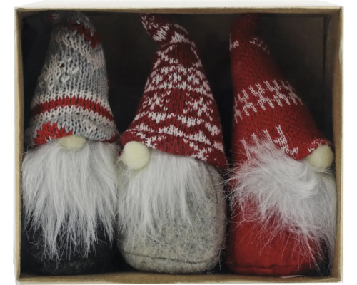Weihnachtsdeko Wichtel Stoff H 10 cm 3 Stück Drei Zwerge mit Strickmützen und langen Bärten in einer Schachtel