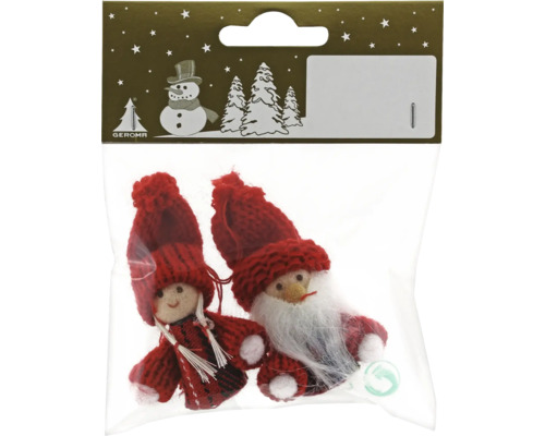 Zwei dekorative Weihnachtswichtel in einer transparenten Verpackung.