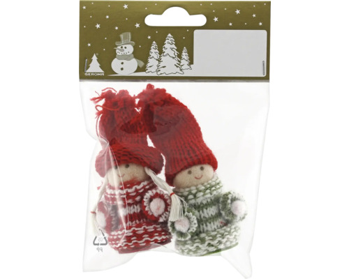 Verpackung mit zwei gestrickten Zwergenfiguren mit Mützen als Weihnachtsdekoration