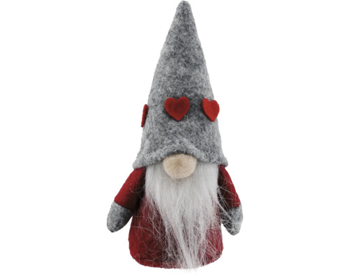 Figurine décorative de gnome avec une longue barbe et des décorations en forme de cœur sur le chapeau