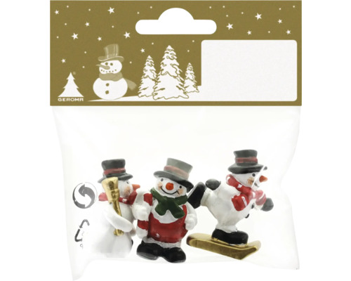 Weihnachts-Deko Figuren aus Polyresin 4 cm Bunt 3 Stück Verpackung mit drei Schneemannfiguren als Dekoration