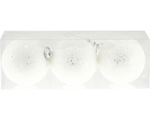 Christbaumkugeln aus Kunststoff Ø 8 cm 3 Stück weiß Glitzer Drei weisse Weihnachtskugeln mit Glitzer in einer transparenten Verpackung.