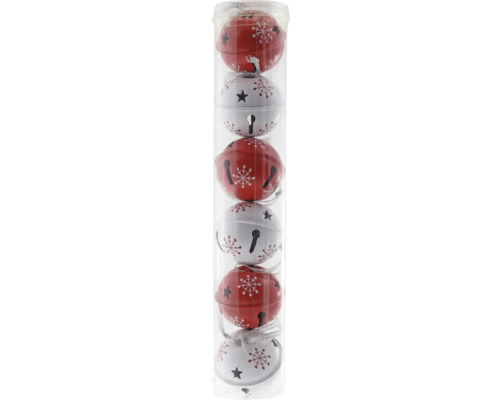 Weihnachtsdeko Glöckchen aus Metall rot weiss 6 Stk. Packung mit Christbaumglocken in transparenter Verpackung