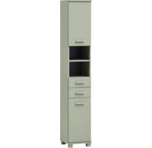 Armoire haute avec une porte, deux tiroirs et un compartiment ouvert pour la salle de bains