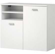 Weisses Sideboard mit zwei Türen und zwei offenen Regalen