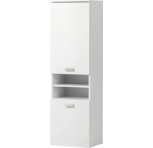 Armoire haute avec deux portes et un compartiment ouvert.