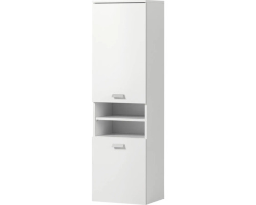 Armoire haute Möbelpartner Mona lxhxp 30.3x138.3x32 cm couleur de façade blanc Armoire haute avec deux portes et un compartiment ouvert.
