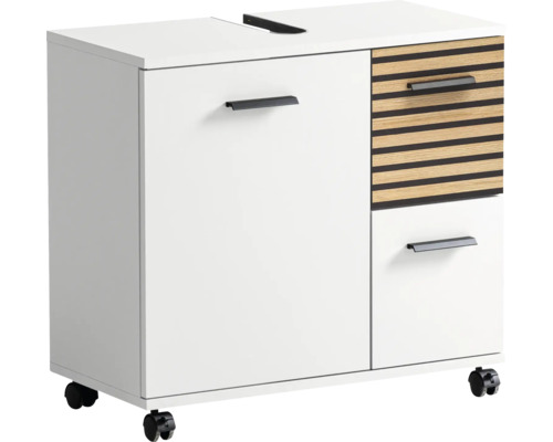 Meuble sous-vasque Möbelpartner Katta lxhxp 65.1x60x32 cm couleur de façade aspect bois blanc Meuble sous-vasque avec tiroirs et roulettes