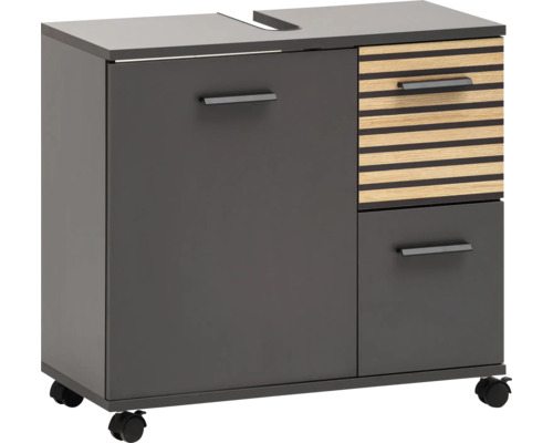 Meuble sous-vasque Möbelpartner Katta lxhxp 65.1x60x32 cm couleur de façade anthracite aspect bois Meuble sous-vasque avec tiroirs et roulettes pour la salle de bain