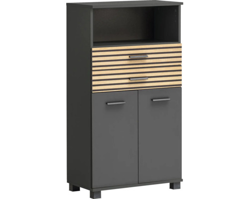 Highboard Möbelpartner Katta lxhxp 59.8x110.5x32.6 cm couleur de façade anthracite aspect bois Armoire avec compartiment ouvert, deux tiroirs et deux portes