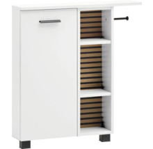 Meuble de salle de bain blanc avec porte et étagères ouvertes