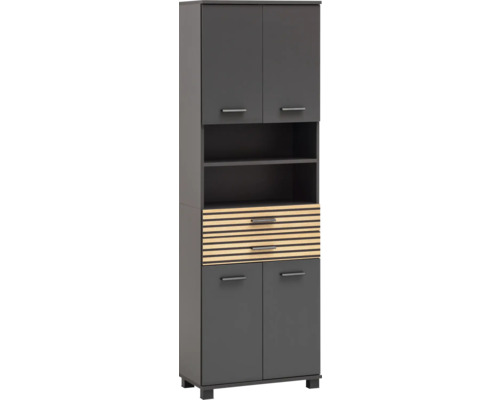 Armoire haute Möbelpartner Katta lxhxp 59.8x180.9x32.6 cm couleur de façade anthracite aspect bois Armoire haute avec portes, tiroirs et compartiments ouverts