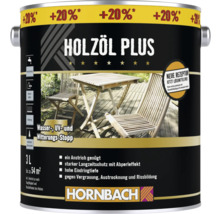 Holzöl Plus Dose mit der Aufschrift Wasser, UV und Witterungsschutz sowie Hornbach Logo