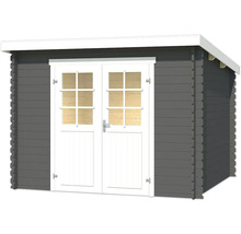 Abri de jardin gris avec double porte et fenêtres