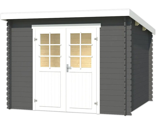 Abri de jardin gris avec double porte et fenêtres